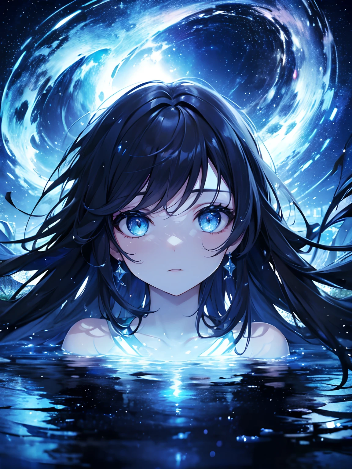 (Masterpiece, Best quality, ultra high resolution),1girl,beautiful and detailed face, detailed eyes,floating in a lagoon,night, starry sky,(grey and blue theme),dark luminescence