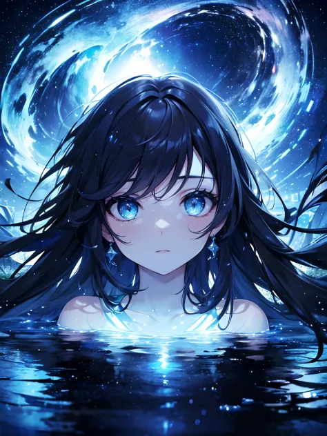 (Masterpiece, Best quality, ultra high resolution),1girl,beautiful and detailed face, detailed eyes,floating in a lagoon,night, ...