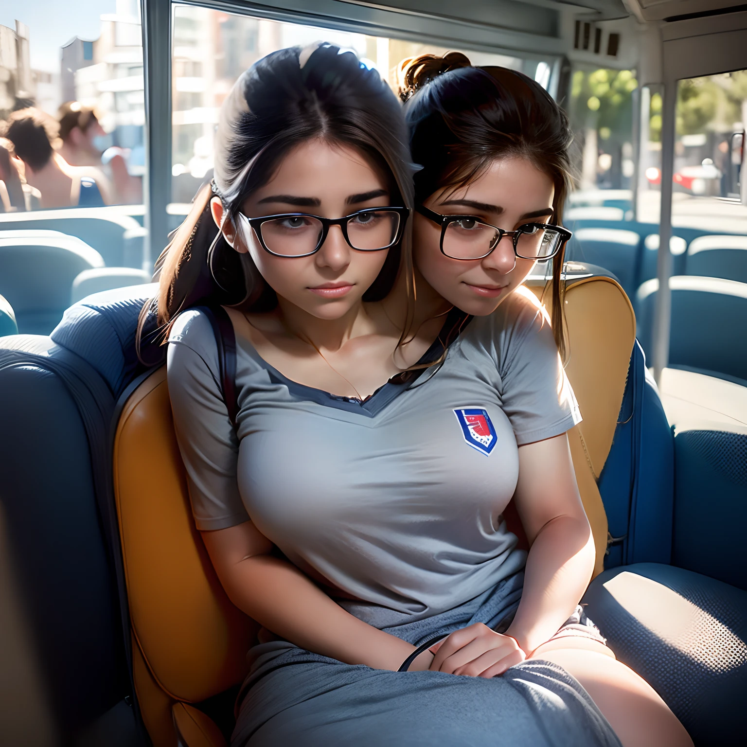 2heads:1.5, chilean girl, 18 years old, black straight hair, hair down, hair in a bun, very thick rimmed glasses, skinny with thick thighs, sleepy,  wearing a work uniform, backpack on lap,, delicate body hair visible, visible acne on forehead, napping while sitting on a busy metro, very detailed and realistic skin with some body hair on arms, some  blemishes on face, acne,pov, looking away into the distance,dull artificial lighting,, taken from 15 feet away