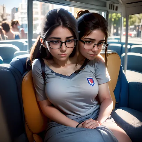 2heads:1.5, chilean girl, 18 years old, black straight hair, hair down, hair in a bun, very thick rimmed glasses, skinny with th...