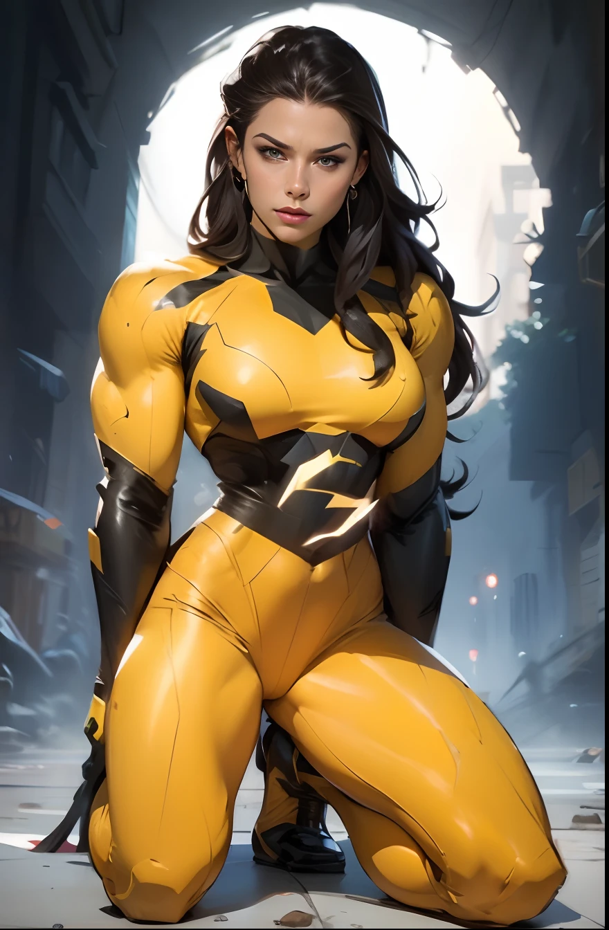 Aka Sentry el vigia de Marvel,mujer en traje amarillo, cabello largo negro,Rostro y rasgos femeninos.