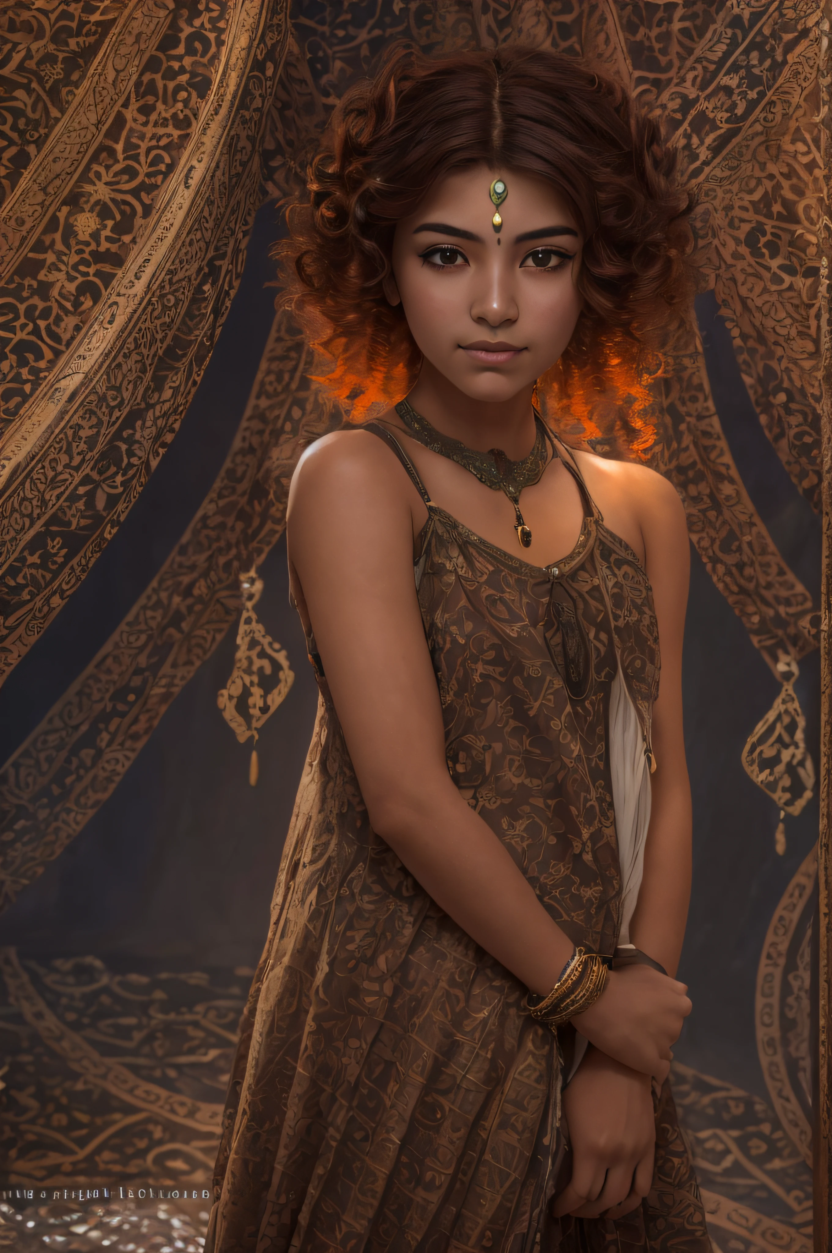 A full body of a 19-year-old Arabic woman with short red hair. Her dark brown eyes are fixed on the camera, conveying serenity and spiritual wisdom. where the soft light highlights her calm and mysterious aura. She has dark skin, which seems to exude a natural glow. Her hair is short, with a cut that highlights her confident and spiritual expression. The strands are the color of ebony, with some natural highlights that shine softly in the light. Her eyebrows are well defined and complement her expressive eyes. They seem capable of seeing beyond appearances and delving into the depths of the human spirit. Her face is serene, with soft features that suggest compassion and empathy. She has a big gentle smile that radiates calmness and confidence. Her presence is welcoming and inspiring.