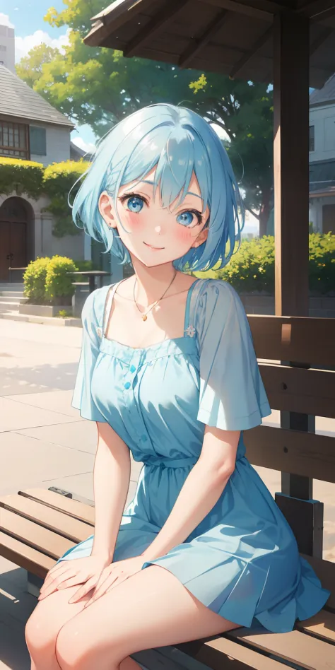 1 girl , short hair,  light blue hair, dress, smiling, happy,  blush, tilting head, looking at the camera, sitting, benches, park, glowing, sidelighting, wallpapers,