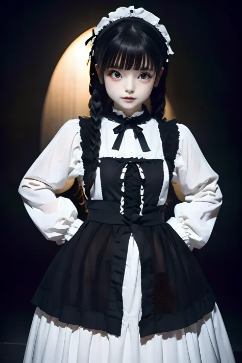 top-quality、​masterpiece、1 girl in、20yr old、kawaii faces、Extraordinary beauty、post-apocalypic_fashion、Black background、Black background、Full Body Angle、White and black gothic Lolita fashion、Gothic Lolita Fashion、Cute poses、Standing、black backgrounds、white ...