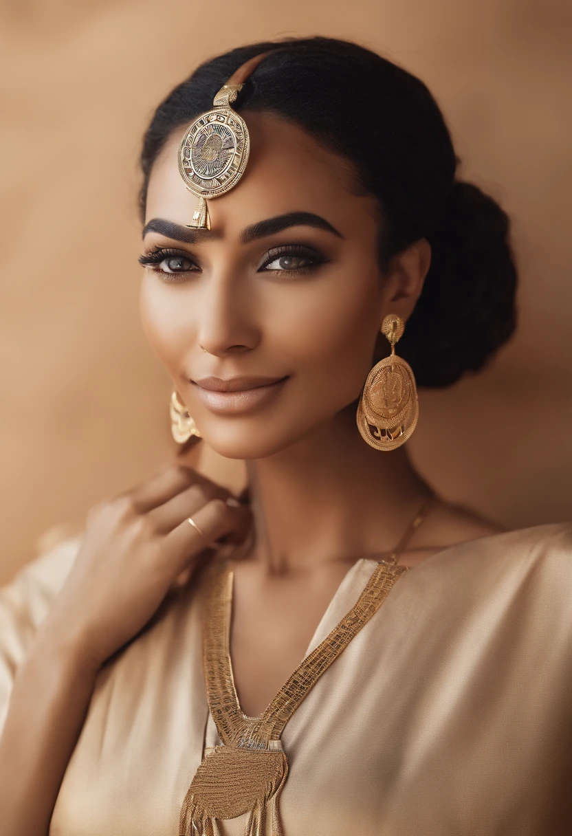 Beautiful ancient female egyption posing to camera, happily proud brave face expression, egyption face, middle eastern, intricate accessories details with ancient egyption inscriptions, fashion full shot, no crop