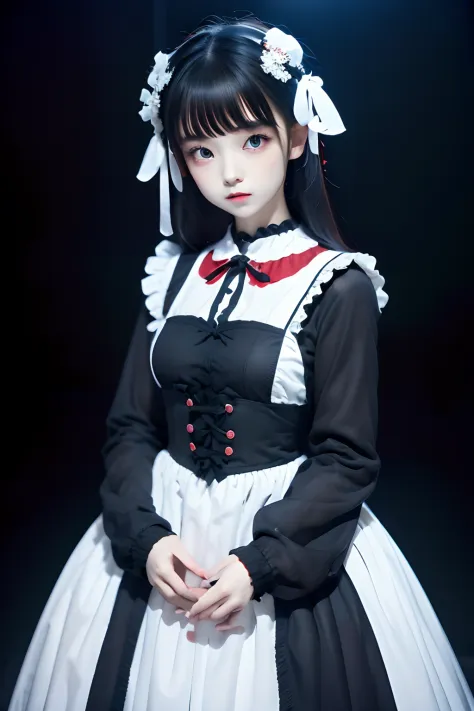 top-quality、​masterpiece、1 girl in、20yr old、kawaii faces、Extraordinary beauty、postapocalypse_Fashion、Black background、Black background、Full Body Angle、White and black gothic Lolita fashion、Gothic Lolita Fashion、Cute poses、Standing、black backgrounds、white  ...