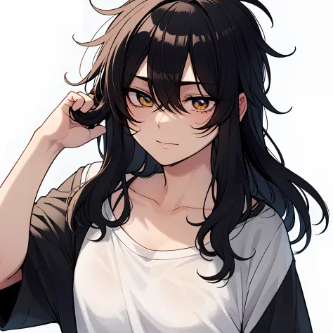 menino, jovem, large, slightly messy hair, olhos negros, vestindo um capuz preto e uma camisa branca