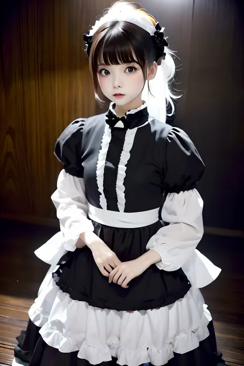 top-quality、​masterpiece、1 girl in、20yr old、kawaii faces、Extraordinary beauty、Black background、Black background、Full Body Angle、White and black gothic Lolita fashion、Gothic Lolita Fashion、Cute poses、Standing、black backgrounds、white  hair:1.5、Red Eyes、red-l...