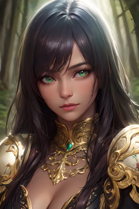 (realistic, painting_style), mature, woman, dark skin, ornate fantasy armor, long hair, black hair, beautiful hair, green eyes, ...