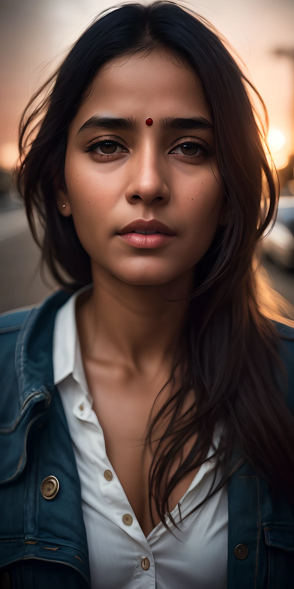 A close up of a woman with a jacket on and a white shirt - SeaArt AI