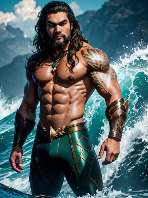 hightquality、hight resolution、​masterpiece、foco nítido、photographrealistic、Raw photography、bustshot、lighting like a movie、Detailed skin texture、Detailed fabric texture、beautifull detailed face、intricate-detail、ultra-detailliert、1male people、Jason Momoa、Per...