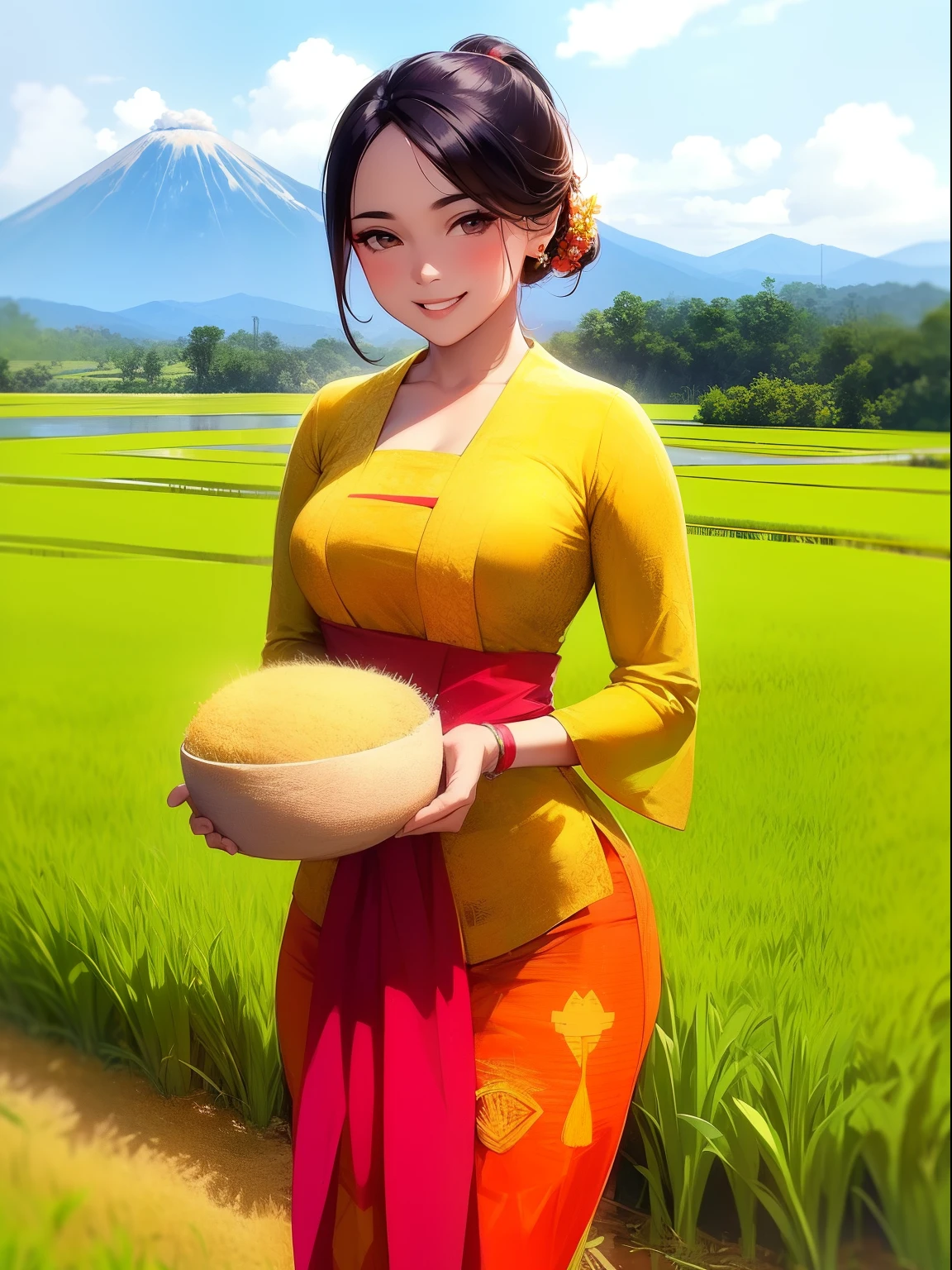 Masterpiece, hd, 2d, West Javanese Rice Farmer, wears light green kebaya dress with a happy face and light smile, nurturing her just about to crop rice at her vast rice field with beautiful volcano in background, standing , short hair, brown hair, ponytail