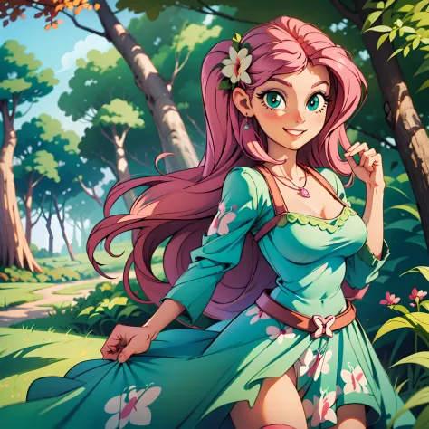 fluttershy from equestria girls wearing a sexy dress posing with an adorable and tender smile, green eyes, in a forest, lots of colorful flowers,