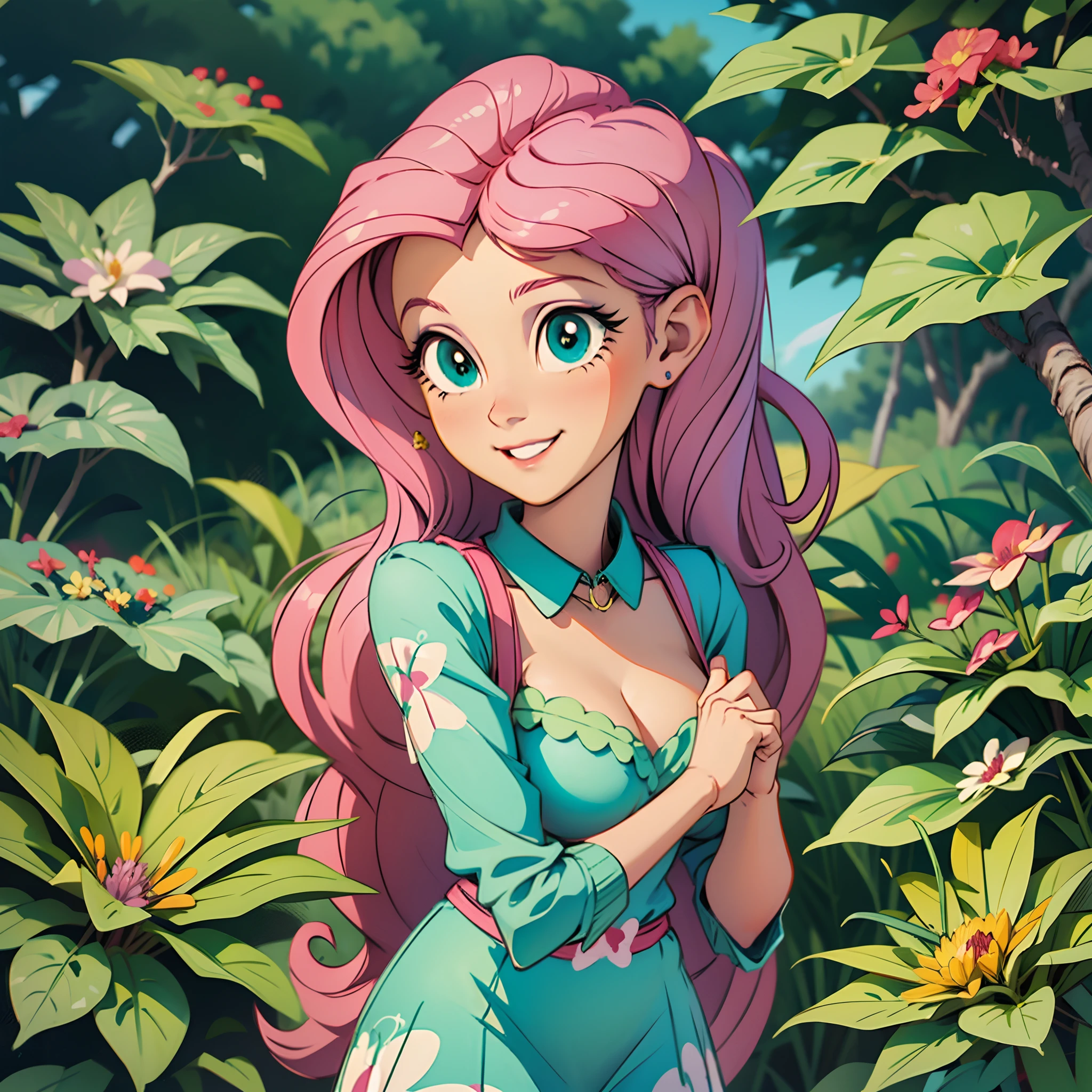 小马国女孩中的 Fluttershy 身穿性感连衣裙，摆出可爱温柔的笑容, 绿眼睛, 在森林里, 许多五颜六色的花朵,