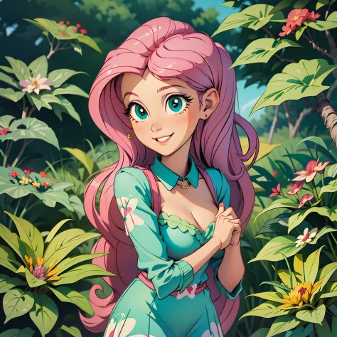 fluttershy from equestria girls wearing a sexy dress posing with an adorable and tender smile, green eyes, in a forest, lots of ...