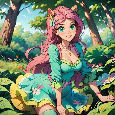 fluttershy from equestria girls wearing a sexy dress posing with an adorable and tender smile, green eyes, in a forest, lots of ...