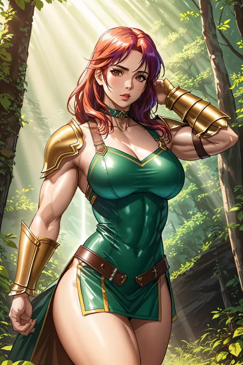 amazon goddess, sexy armor, vivid colorful hair, pale skin, breasts, barbarian leather armor, choker minidress, savage power, li...