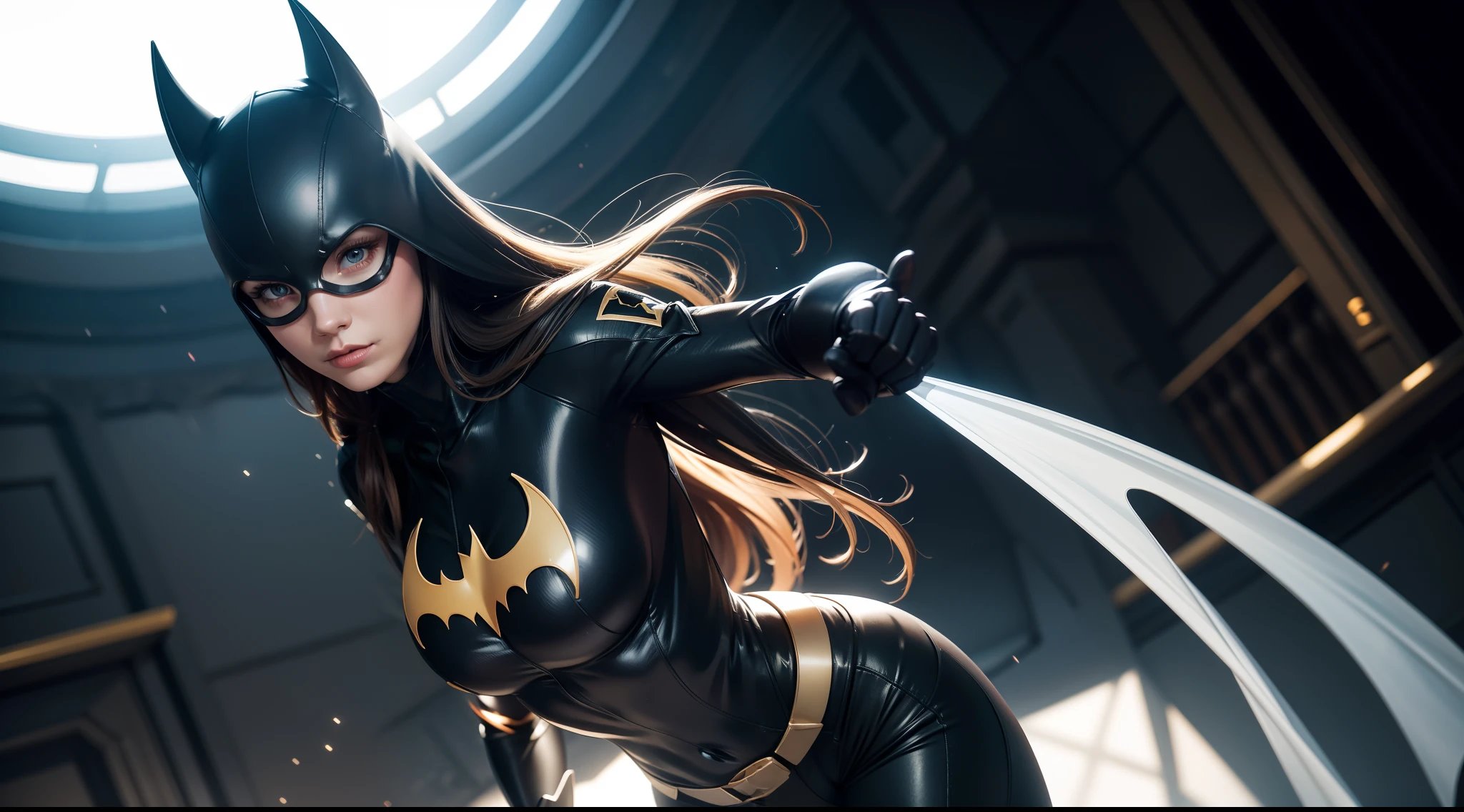 Batgirl wearing a transparent suit that makes her invisible to the naked eye. The suit is made of a special material that bends light around her body. The suit is tight-fitting and covers her whole body, except for her eyes and mouth. The suit has a bat logo on the chest and a belt with gadgets. The suit allows her to sneak around and fight crime without being seen., CGI with clear focus, Photorealistic, high detail, Realistic, Masterpiece, absurdress, Best Quality, HDR, hiquality, hight resolution, Extremely detailed, 8k wallpaper, intricate details, 8K UHD, Full-HD, (foto realista:1.2), Contrast, sharp lighting, Cinematic lighting, natural lighting, hard light, Backlighting, Global Illumination, Environment Occlusion