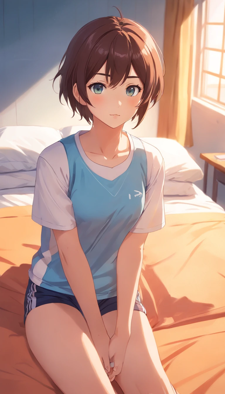 Anime girl sitting on bed with blue eyes and blue shirt - SeaArt AI