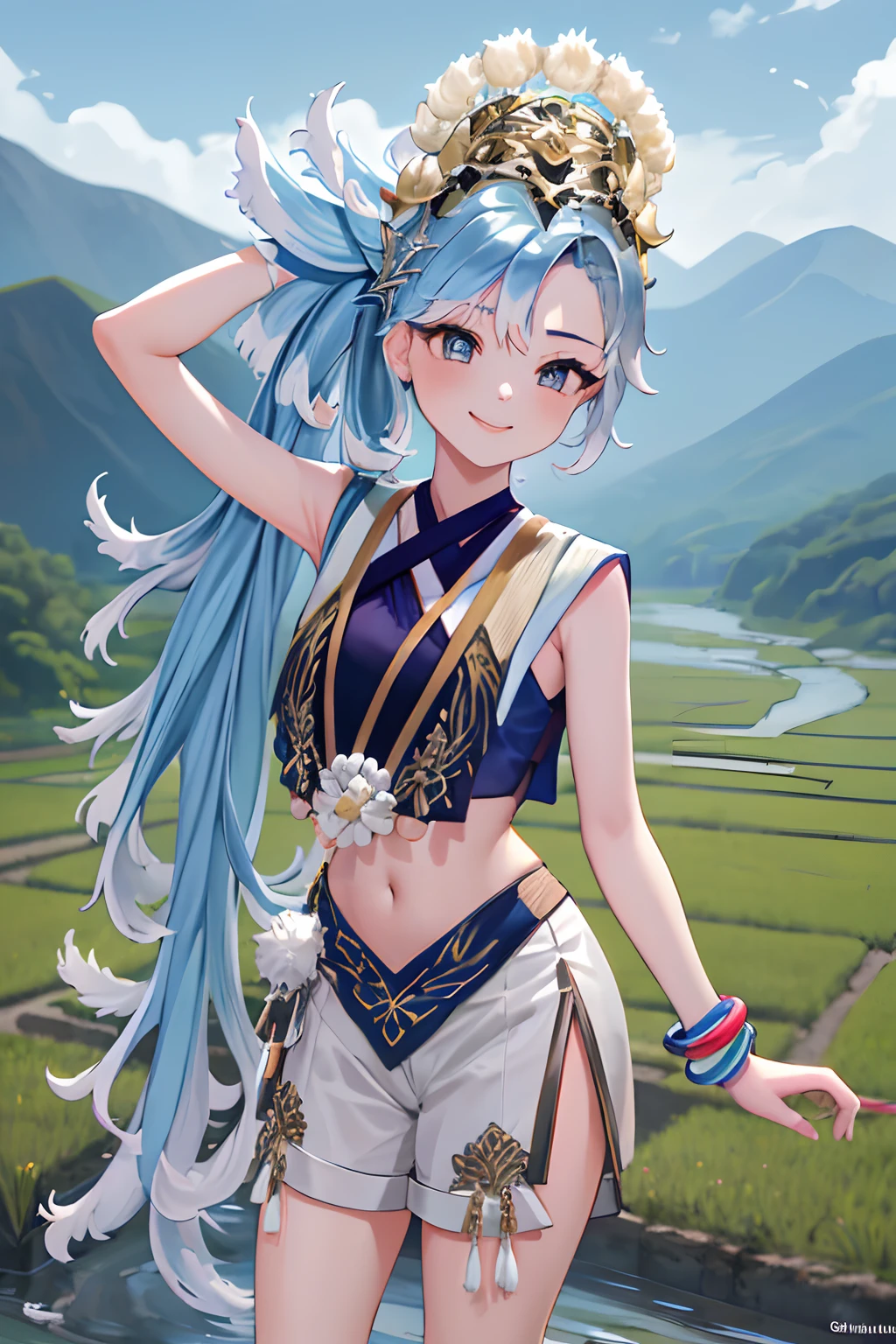 masterpiece, best quality, absurdres, perfect anatomy, 1girl, solo, Kobo3rd, side ponytail, bracelet, hair ornament, blue shirt, sleeveless, midriff, white shorts, standing, river, beautiful mountain background, ricefield, smile, outdoors,wear Indonesian traditional dress