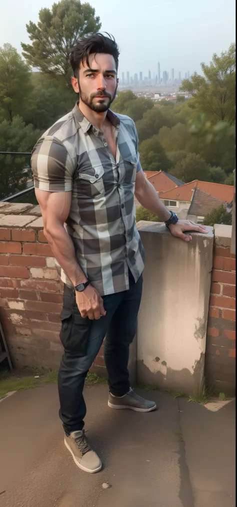 lighting,realistic,background,8k,u4,arafed man standing on a roof with a brick wall and a fence, full body picture, with a cool pose, photo taken in 2 0 2 0, he is! about 3 0 years old, with a city in the background, taken in the early 2020s, leaked image,...
