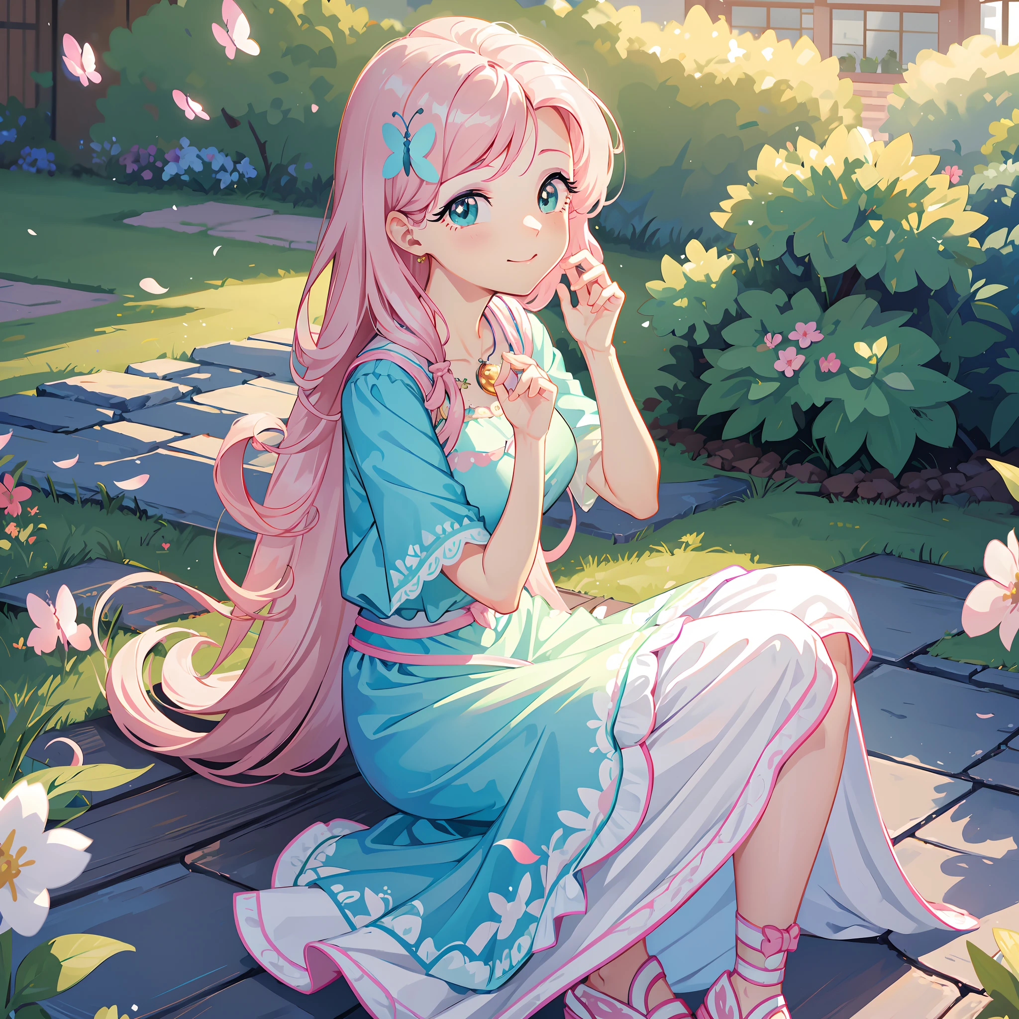 (best quality, 8k, masterpiece:1.2, nsfw ),Cutest,Cute girl,solo,mesugaki,Beautiful face,Beautiful eyes,Beautiful hair, Light pink long wavy hair,Lots of colorful flowers,sitting down happily but languidly,soft sunlight,vivid colors,shimmering petals,peaceful garden,flying butterflies,lovely dress,innocent smile,playful pose,blissful atmosphere,serene background,dreamy ambiance,lively atmosphere,sparkling dewdrops, charm,magical garden,pastel hues,gentle breeze,dainty features,delicate petals,endearing beauty,enchanted scenery.