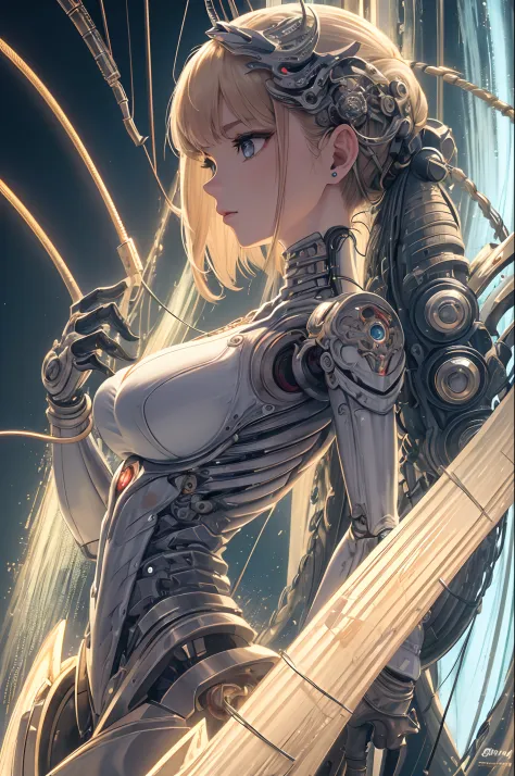 (((masterpiece))), (((best quality))), ((ultra-detailed)), (highly detailed CG illustration), ((an extremely delicate and beautiful)),(from side),cinematic light,((1mechanical girl)), blonde hair, blue eyes, huge enormously gigantic tits, cleavage showing,...