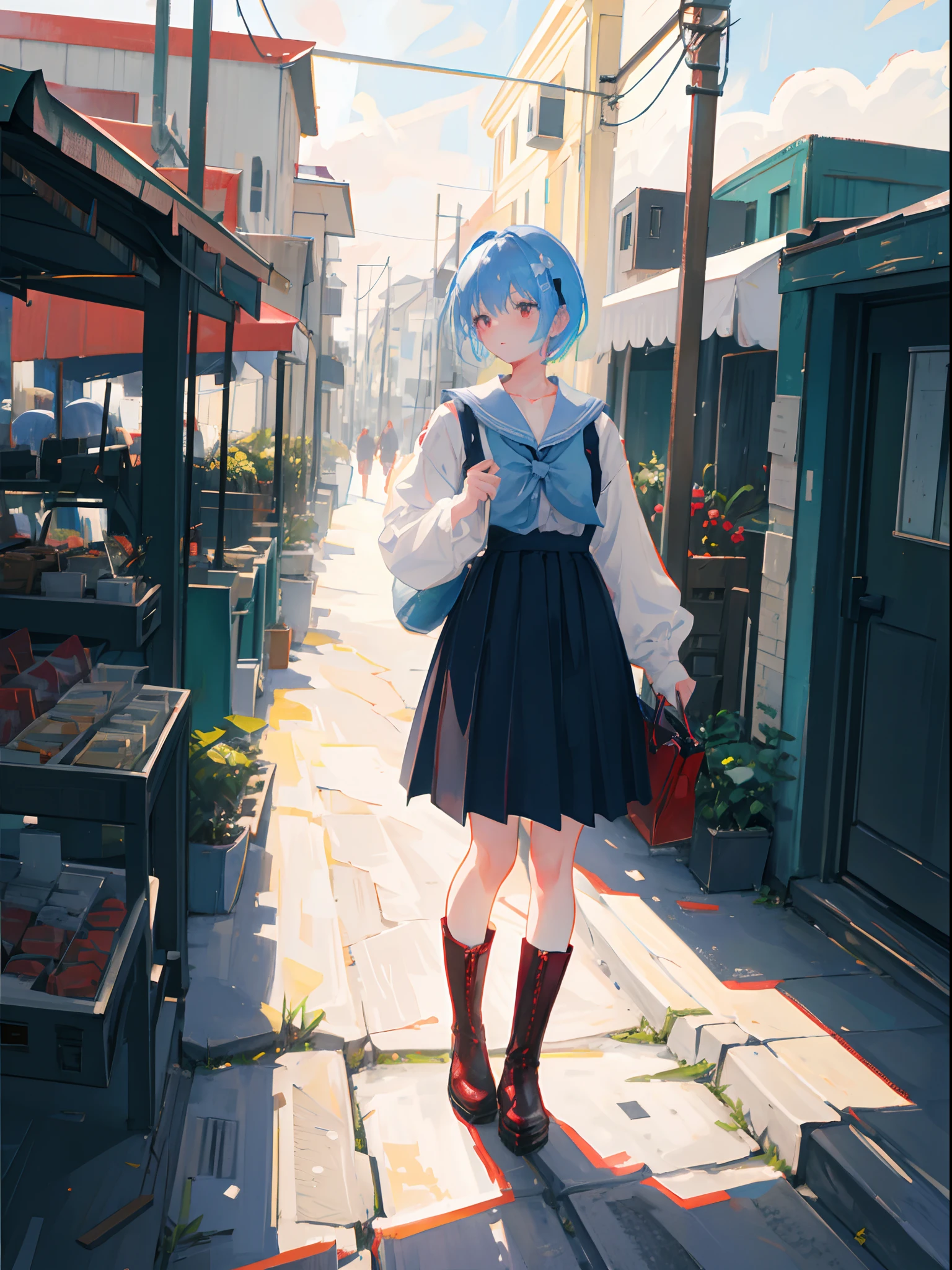 1girl, short blue hair, red eyes, wearing white japanese uniform, red chess texture skirt, leather high heel shoes boots, black stockings, she's getting out from her house desperately, she's on the right side of the screen, she is messed up, high top view angle, she's trying to put on shoes without seeing, in the background we can see her house, town,show almost the whole body, she's look concerned(facial exprecion), she's with a toast in her mouth, oil pastel painting,she is near the door, absurdres, high res, ultrasharp, 8K, masterpiece, full details, artstation, sun rising, the view is from top, good composition, looking at viewer