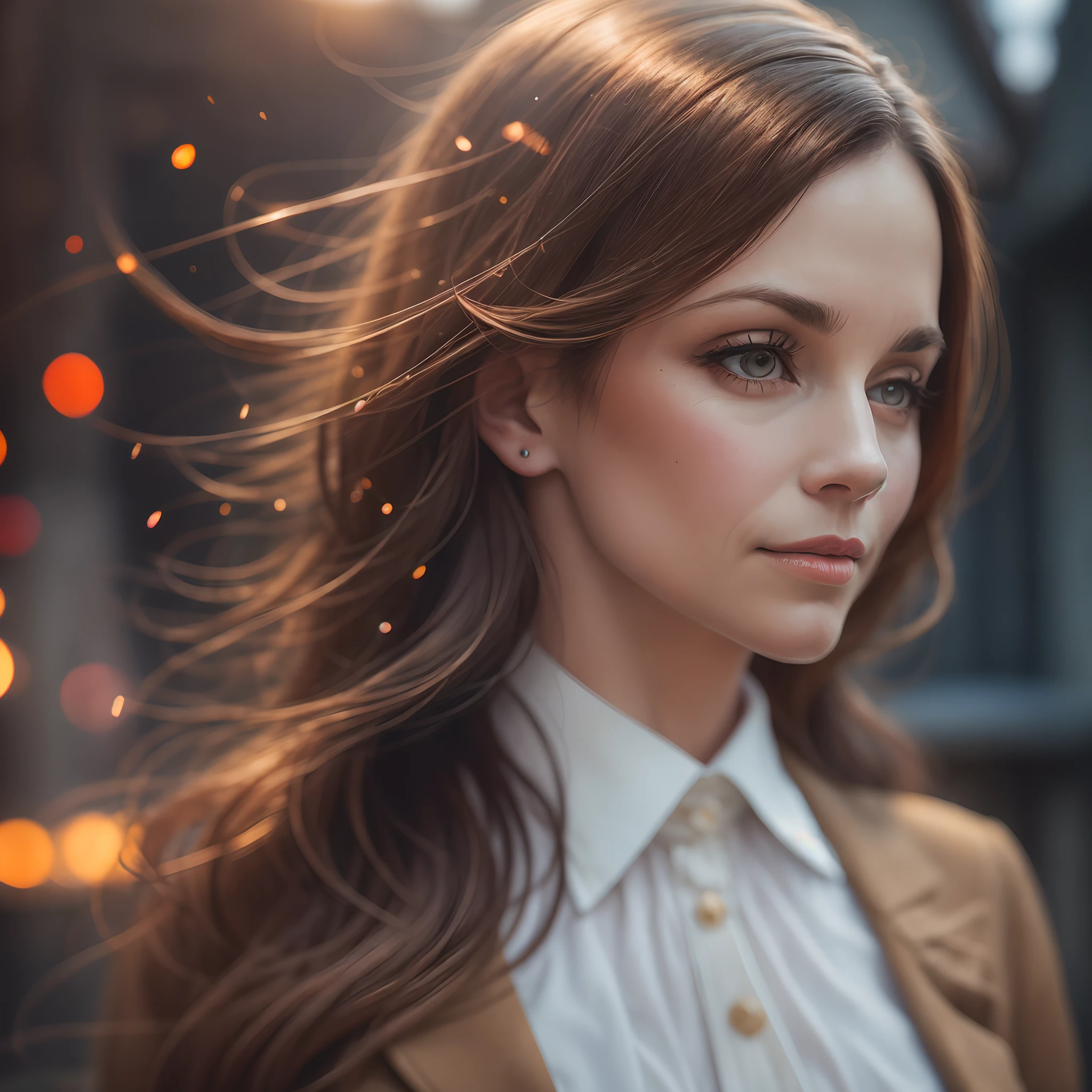 Portrait of a woman, 50 years old, brown hair, wearing a fitted 1960's style suit, outside an victorian mansion, raytracing, depth of field, particle effects, bokeh, high resolution