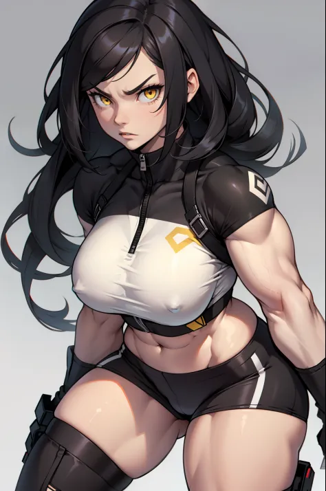 muscular girl))) huge breasts grey background black hair very long hair  yellow eyes pale skin angry close up - SeaArt AI