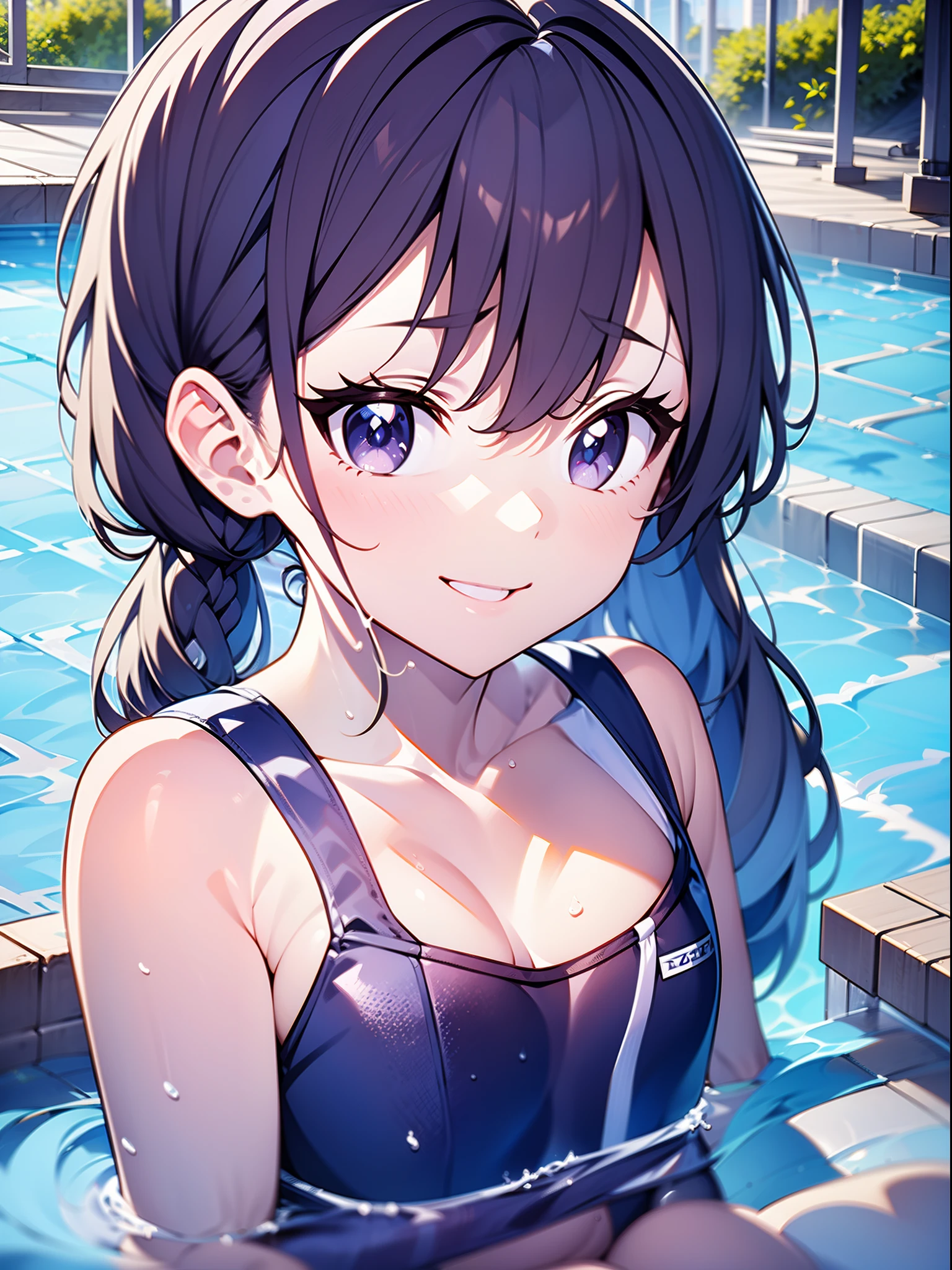 in 8K、top-quality、​masterpiece、ultra-detailliert、Ultra-high resolution、Anime style、swimming pools、1 girl in、Medium chest、School swim wear、poneyTail、Braided hair、a smile、wetting hair