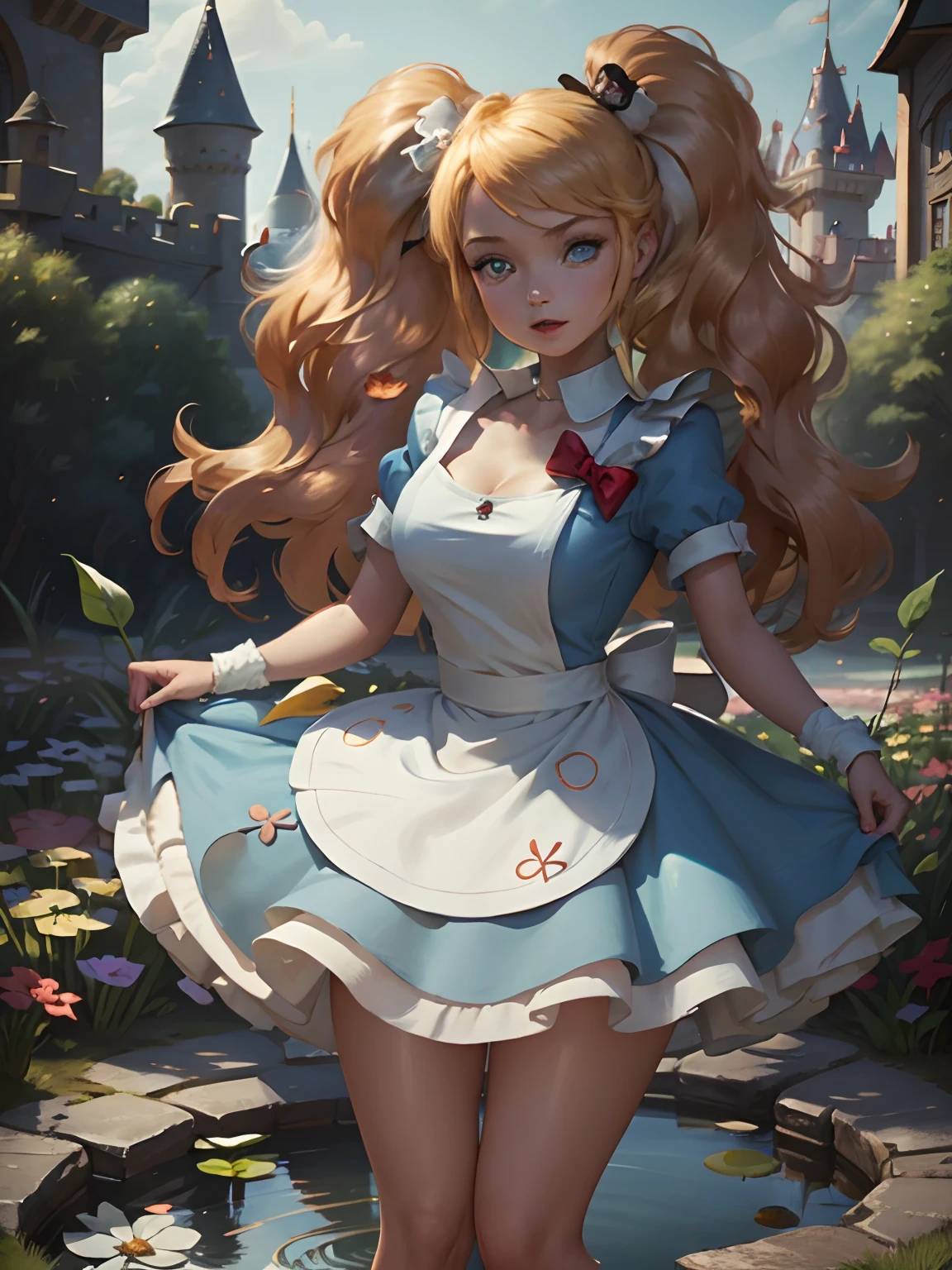 (masterpiece), (best quality), (extremely detailed), Malicious Alice liddell, blue dress, white apron,  black hairband, white stockings, showing rude string thong cute pose, in a flower garden, (pond), (((disney castle at the background))), (blue sky), (sunny day), 3d. Illustration, Good Highlights, Perfect Proportions, dynamic, Professional, Award winning, (high detailed skin), (high detailed face), photorealistic, HDR, ultra highres, absurdres,