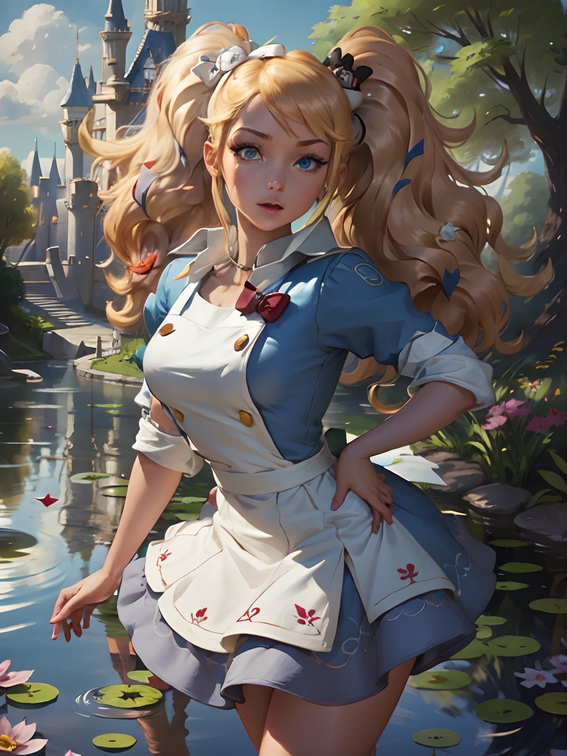 (masterpiece), (best quality), (extremely detailed), Malicious Alice liddell, blue dress, white apron,  black hairband, white stockings, showing rude string thong cute pose, in a flower garden, (pond), (((disney castle at the background))), (blue sky), (sunny day), 3d. Illustration, Good Highlights, Perfect Proportions, dynamic, Professional, Award winning, (high detailed skin), (high detailed face), photorealistic, HDR, ultra highres, absurdres,