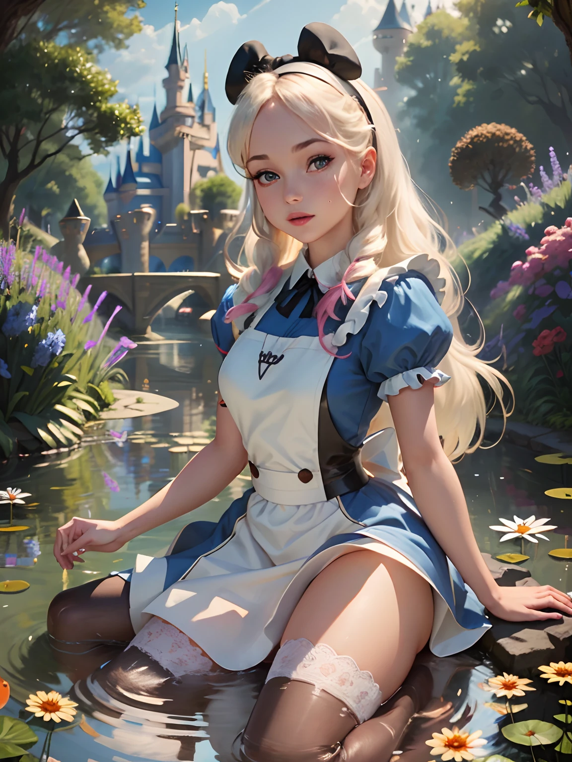 (masterpiece), (best quality), (extremely detailed), Malicious Alice liddell, blue dress, white apron, long pink hair, black hairband, white stockings, showing rude string thong cute pose, in a flower garden, (pond), (((disney castle at the background))), (blue sky), (sunny day), 3d. Illustration, Good Highlights, Perfect Proportions, dynamic, Professional, Award winning, (high detailed skin), (high detailed face), photorealistic, HDR, ultra highres, absurdres,