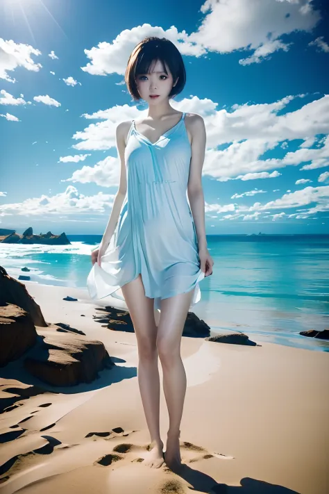 top-quality、masuter piece、ultra-detailliert、8ｋ、Ultra-high resolution、独奏、1人の女性、sixteen years old、a short bob、Wolfcut、T-shirt style dresses, V-neck、Photographed with the sea in the background、beach、bare-legged、((White sandy beach、Horizon、Blue Sea:1.2))、Great...