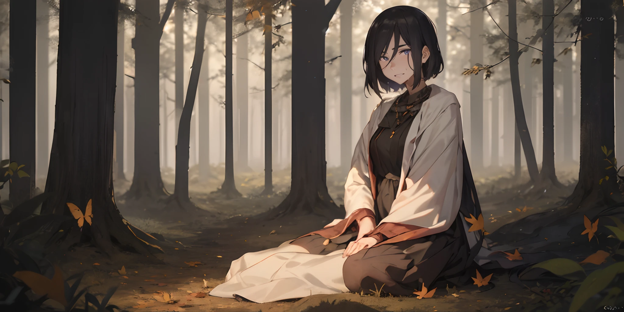 izumi_nase, short hair, black hair, purple eyes, jewelry, neckalce, 1girl, solo, nature, wide_sleeves, forest, tree, black_legwear, long_sleeves, sitting, looking_at_viewer, outdoors, autumn_leaves, autumn, jewelry, fire, insect, bug, dress, butterfly, blush