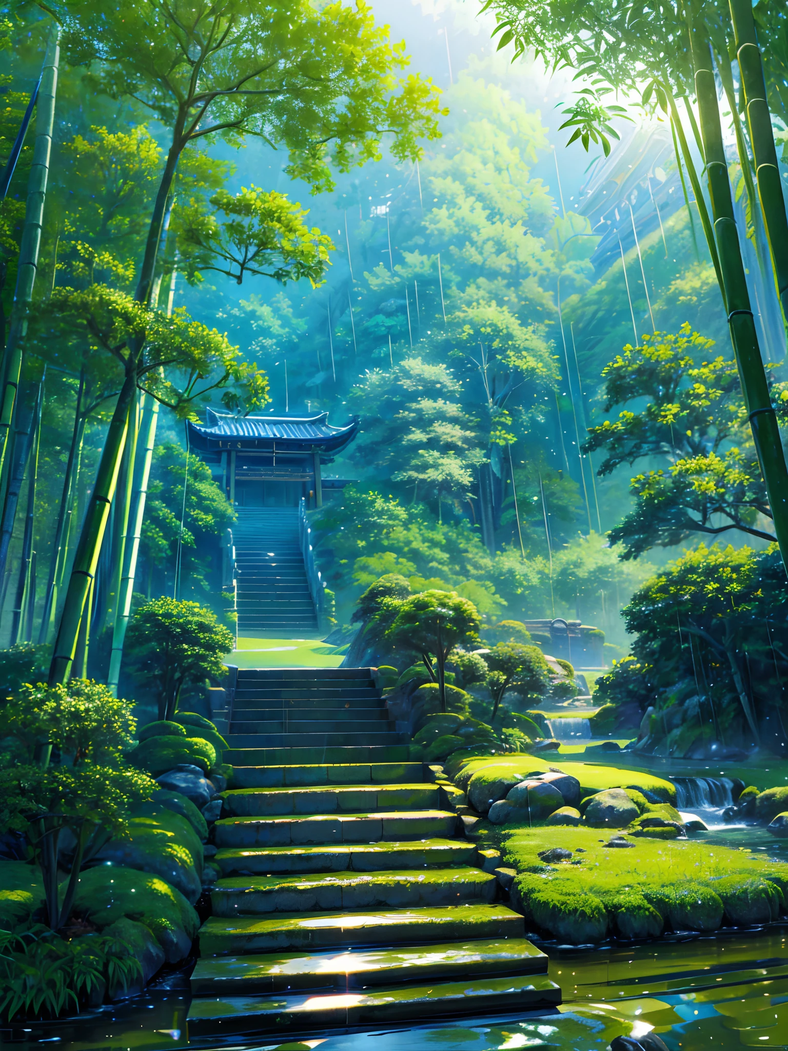 Pure landscape view、bamboo forrest、It was raining in the bamboo forest、bamboos、Bamboo leaves fall everywhere、Beautiful artistic conception、precipice、Green、Steps are clearly visible、China-style、Chinese characteristics、Pond lotus