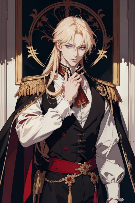 (absurdres, highres, ultra detailed), 1 male, adult, (absurdres, highres, ultra detailed), 1 male, adult, handsome, tall muscular guy, broad shoulders, finely detailed purple eyes and detailed face, long blond hair, large 18th-century baroque mansion, gard...