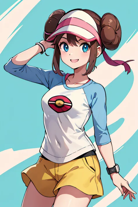 ​masterpiece, top-quality, Hi-Res, RO1, Hair buns, blue eyess, Twin-tailed, Visor Cap, panthyhose, raglan sleeves, Yellow shorts...