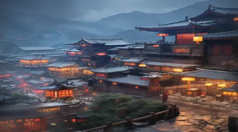 arafed view of a village with a lot of lights on the buildings, dreamy chinese town, chinese village, amazing wallpaper, japanese town, japanese village, hyper realistic photo of a town, old asian village, japanese city, by Raymond Han, rainy evening, cybe...
