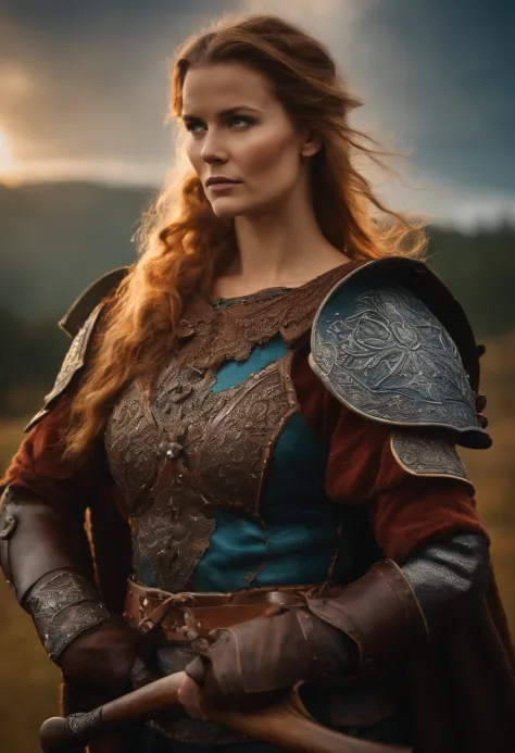 A Woman Wearing Viking Armor, holding an ax in both hands