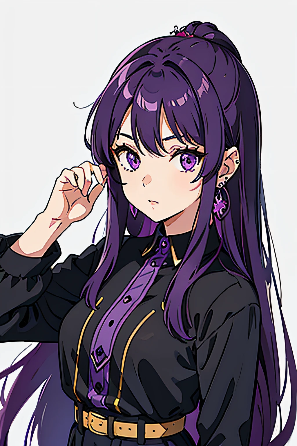 A girl with long purple hair, purple eyes, ear rings, and a smart look.