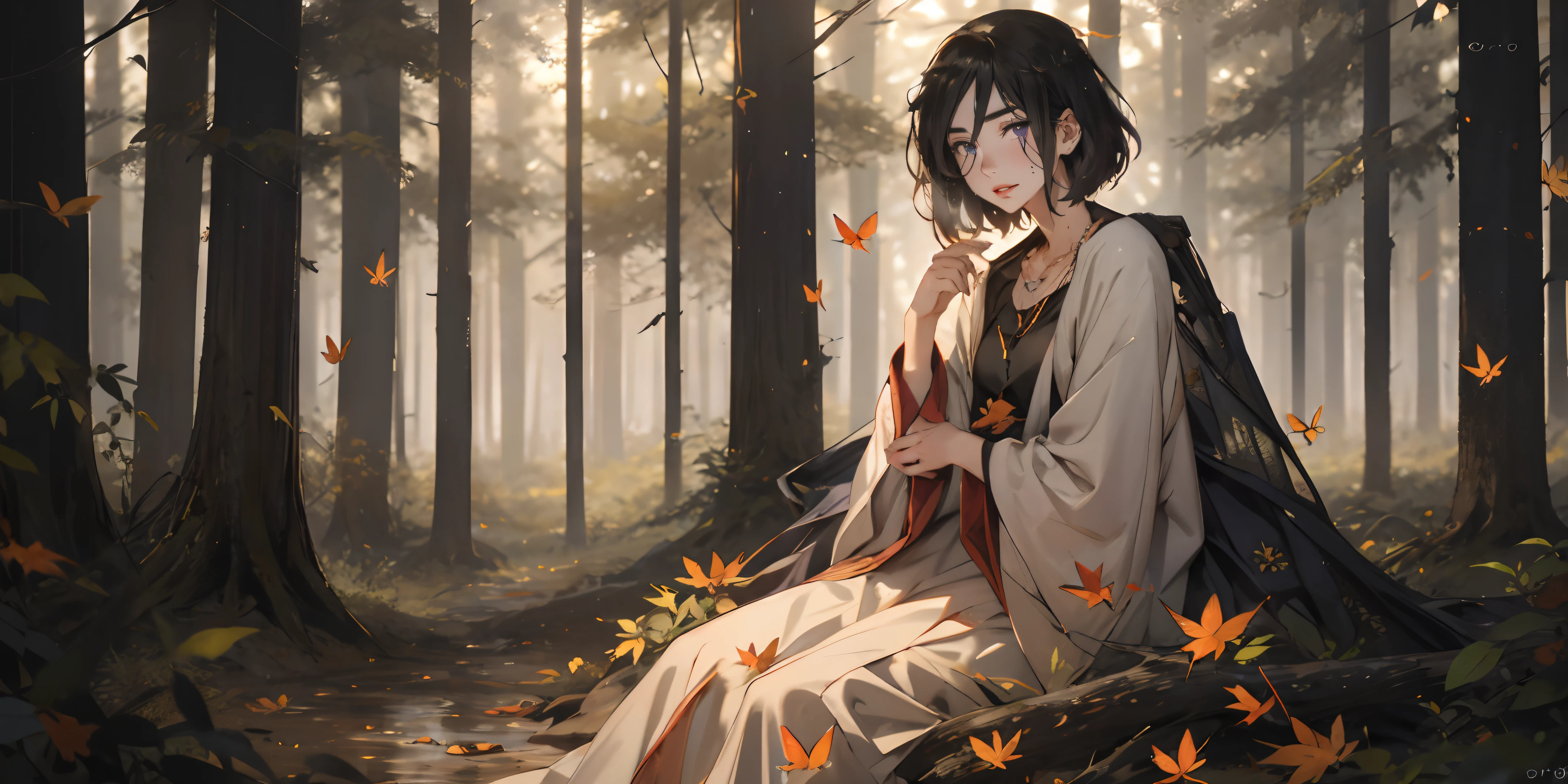 izumi_nase, short hair, black hair, purple eyes, jewelry, neckalce, 1girl, solo, nature, wide_sleeves, forest, tree, black_legwear, long_sleeves, sitting, looking_at_viewer, outdoors, autumn_leaves, autumn, jewelry, fire, insect, bug, dress, butterfly, blush