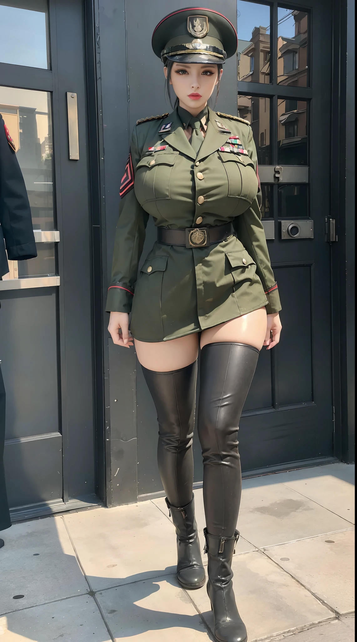 A woman in a military uniform is posing for a picture - SeaArt AI