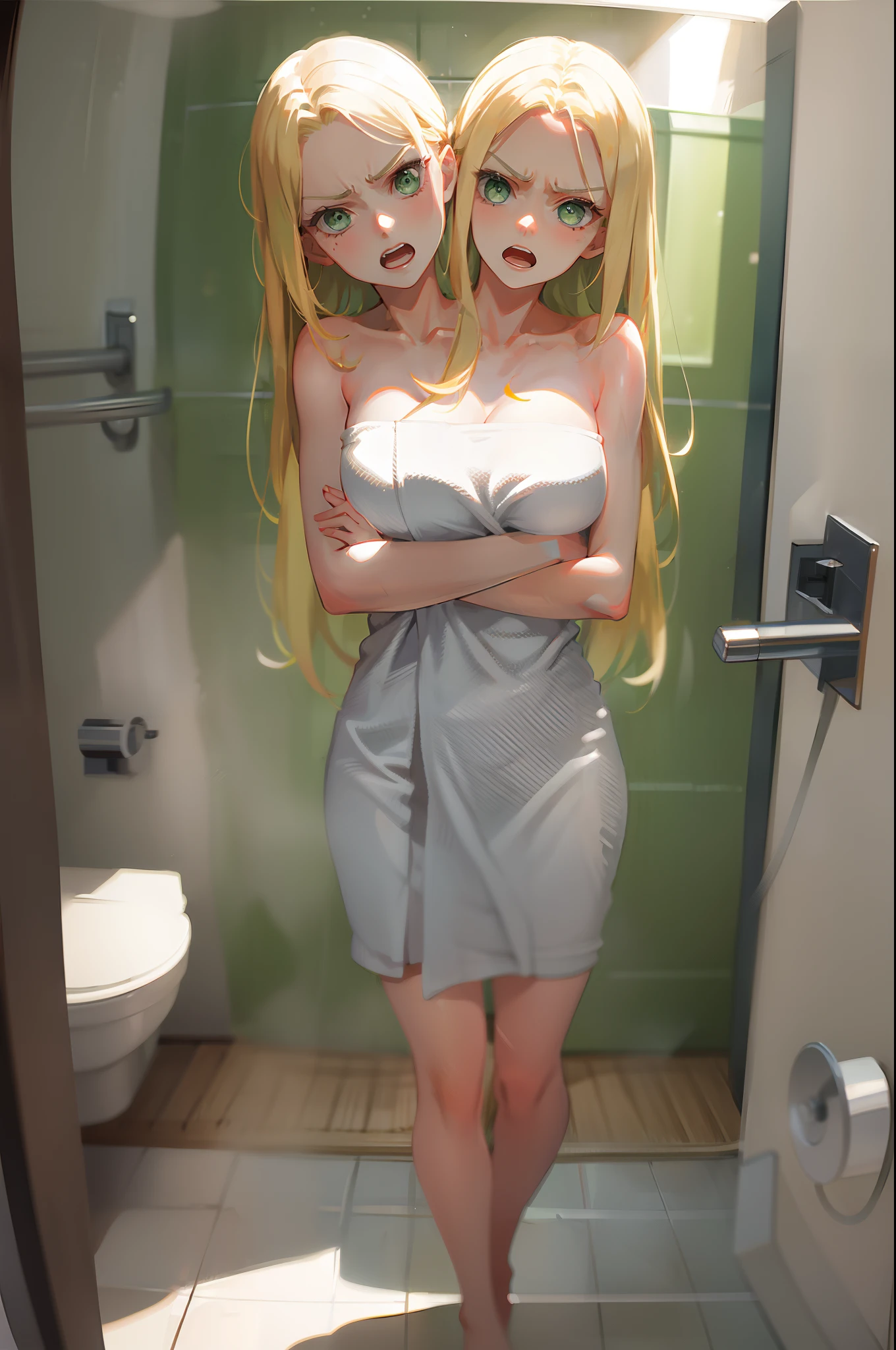 (2heads:1.5), 1girl, blond hair, green eyes, one closed mouth and one open mouth, angry, arms crossed, naked towel, bathroom doorway