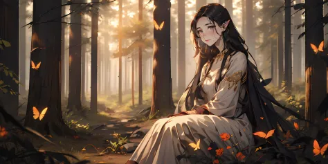 long hair, pointy ears, black hair, purple eyes, jewelry, neckalce, 1girl, solo, nature, wide_sleeves, forest, tree, black_legwear, long_sleeves, sitting, looking_at_viewer, outdoors, autumn_leaves, autumn, jewelry, fire, insect, bug, dress, butterfly, blu...
