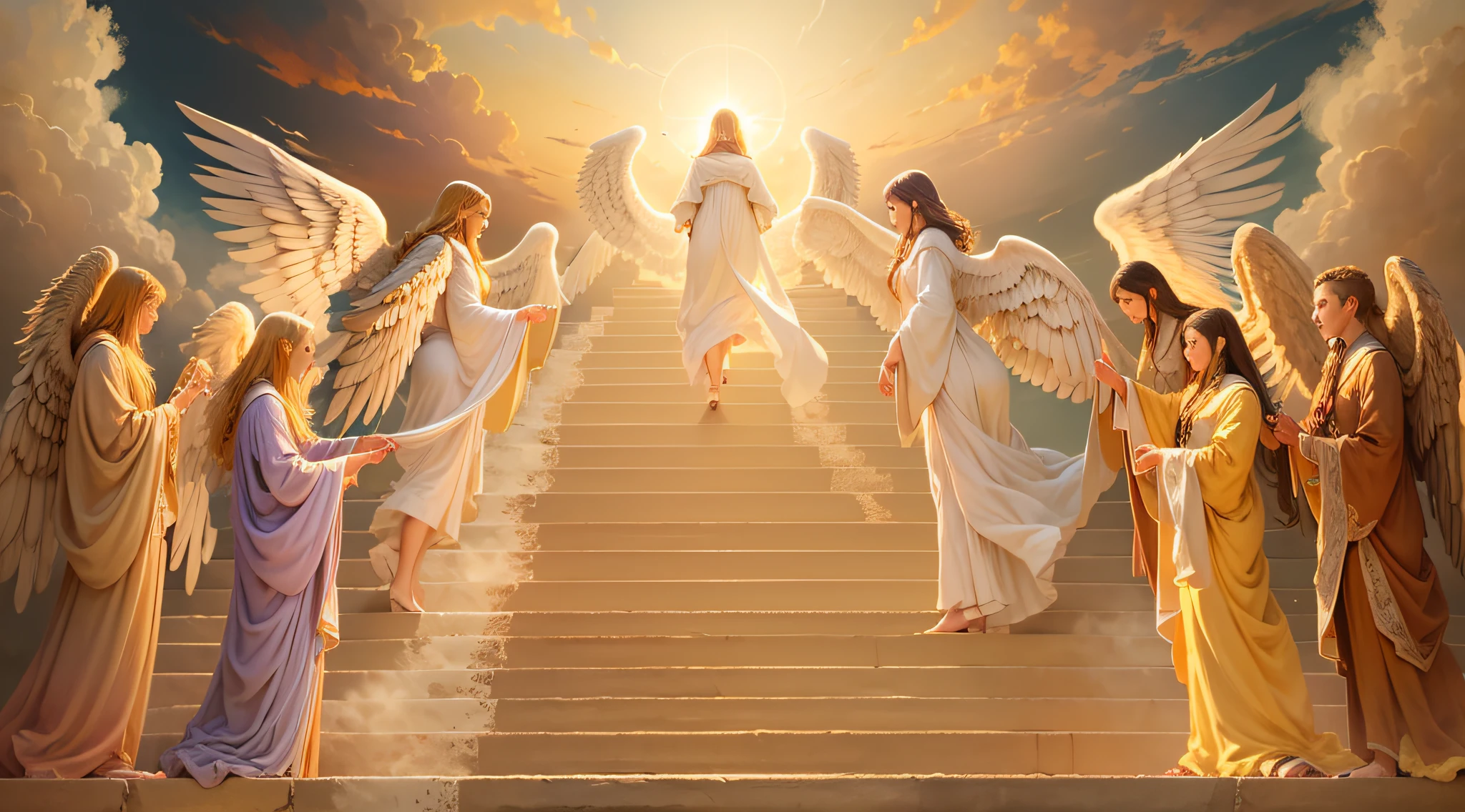 Anjos de Deus descendo e subindo escadas para a terra e o céu