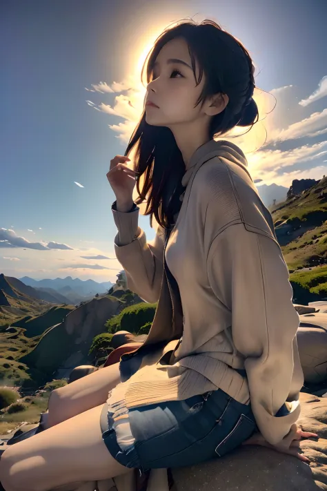top-quality、masuter piece、ultra-detailliert、8ｋ、独奏、(((Girl sitting on a huge rock looking at the sky、up looking_Away:1.2、Looking at the sky)))、from behind、Beanie、Greyprint Hoodie、Straight Old Denim、damage jeans、Mountain climbing shoes、drinking a cup of coff...