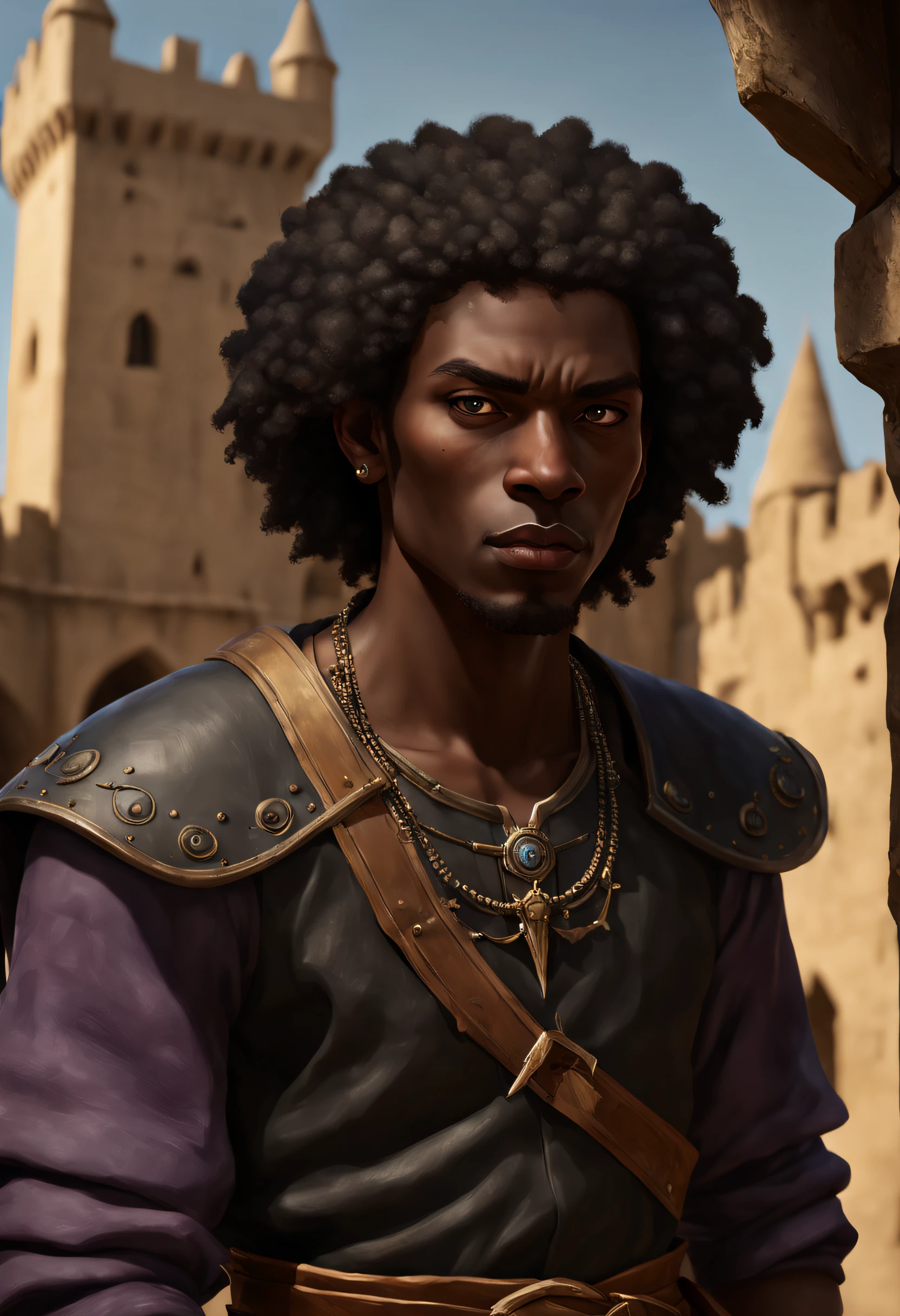 (((bald african man))), (((black african man))), (((young african man))), ((best qualityer)), ((medieval fantasy)), (extremely young and attractive), (yellowish thin clothes), (light outfits), light cinematic, ((weaponless)), ((medieval conjurer man)), ((purple eyes)), ((yellowed leather clothes)), ((conceptual artwork)), ((fully body)), (The setting is a vampire castle in the desert), (confident expression), (character focus), (RPG medieval), (dungeons and dragons), (Wizard Character), (Psionic character), (powers of the mind), (Medieval Conjurer), (medieval fiction)