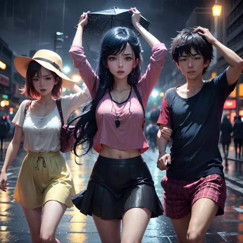Group of 3 people dancing in the rain, anime style, dark sky, colorful lights on the street, 4k quality, video time 14 seconds